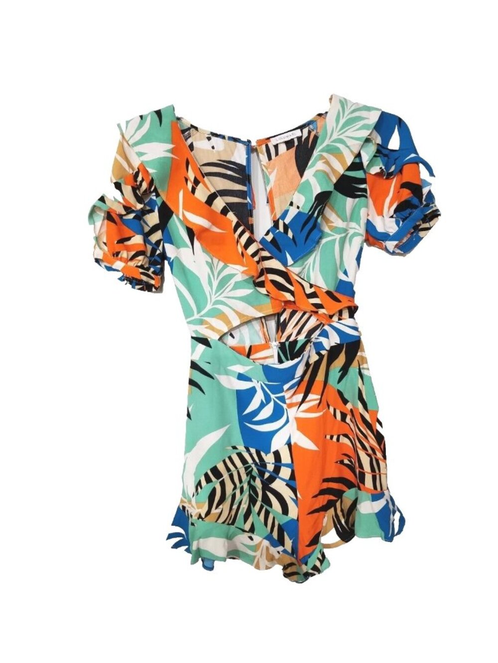 Lulumari Size Small V Neck Cut Out Ruffle Romper Tropica